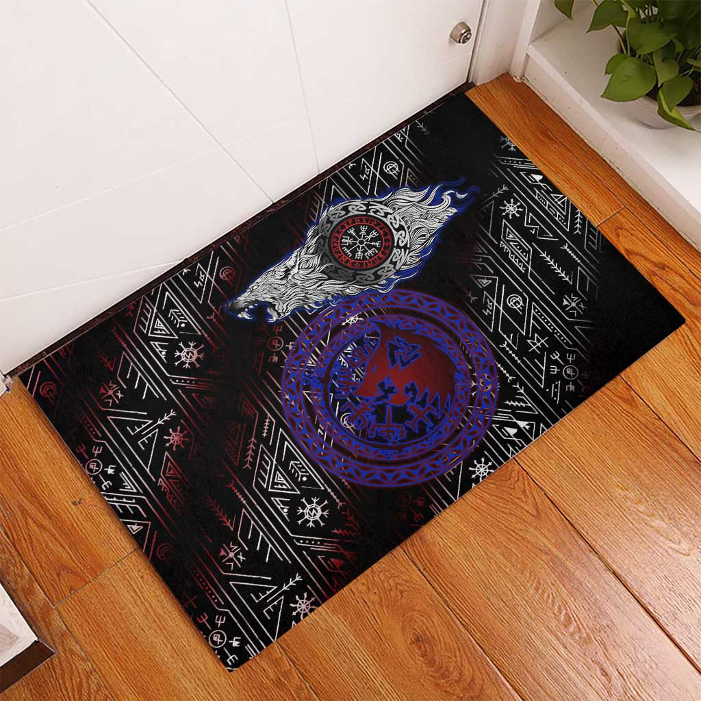 Fenrir Wolf Viking Rubber Doormat with Vegvisir Runes and Red Circle Norse Legend Tribute - Wonder Print Shop