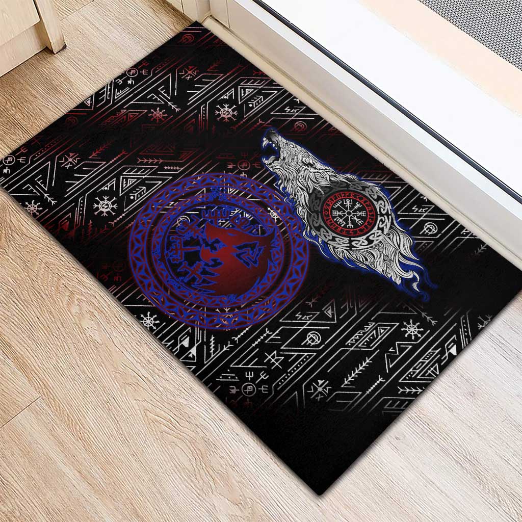 Fenrir Wolf Viking Rubber Doormat with Vegvisir Runes and Red Circle Norse Legend Tribute - Wonder Print Shop