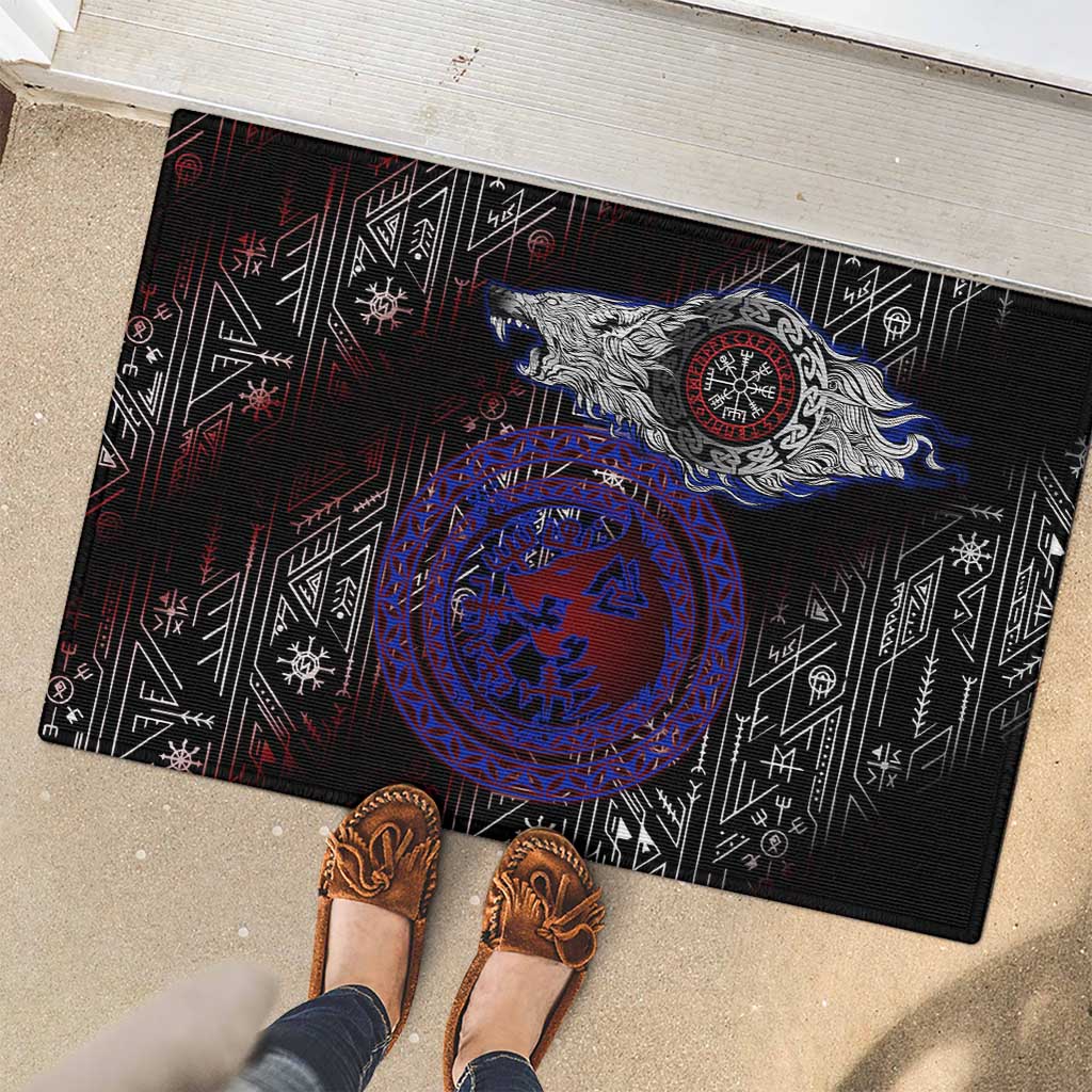 Fenrir Wolf Viking Rubber Doormat with Vegvisir Runes and Red Circle Norse Legend Tribute - Wonder Print Shop