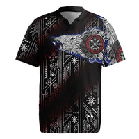 Fenrir Wolf Viking Rugby Jersey with Vegvisir Runes and Red Circle Norse Legend Tribute - Wonder Print Shop