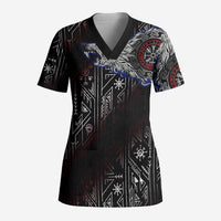 Fenrir Wolf Viking Scrub Top with Vegvisir Runes and Red Circle Norse Legend Tribute - Wonder Print Shop