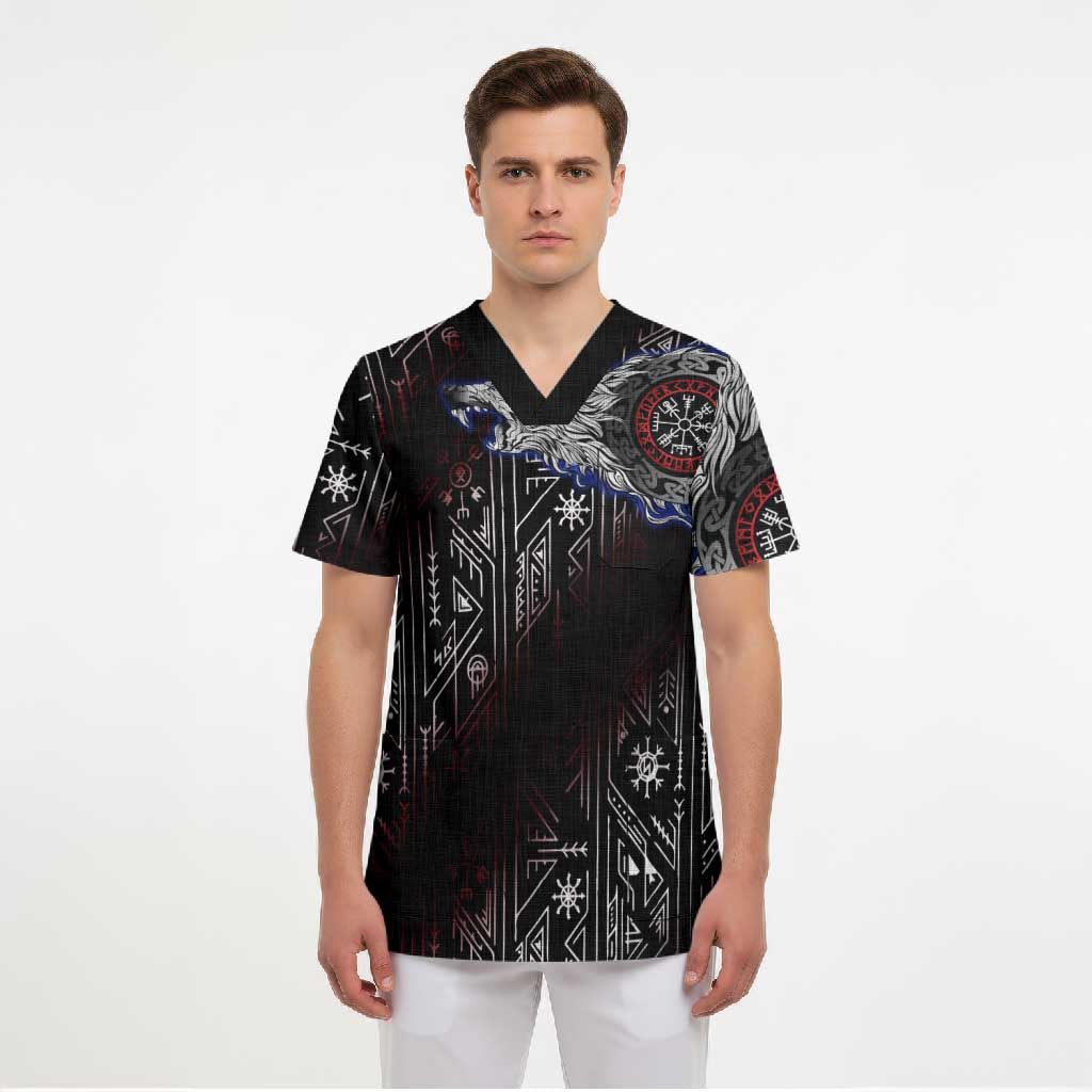 Fenrir Wolf Viking Scrub Top with Vegvisir Runes and Red Circle Norse Legend Tribute - Wonder Print Shop