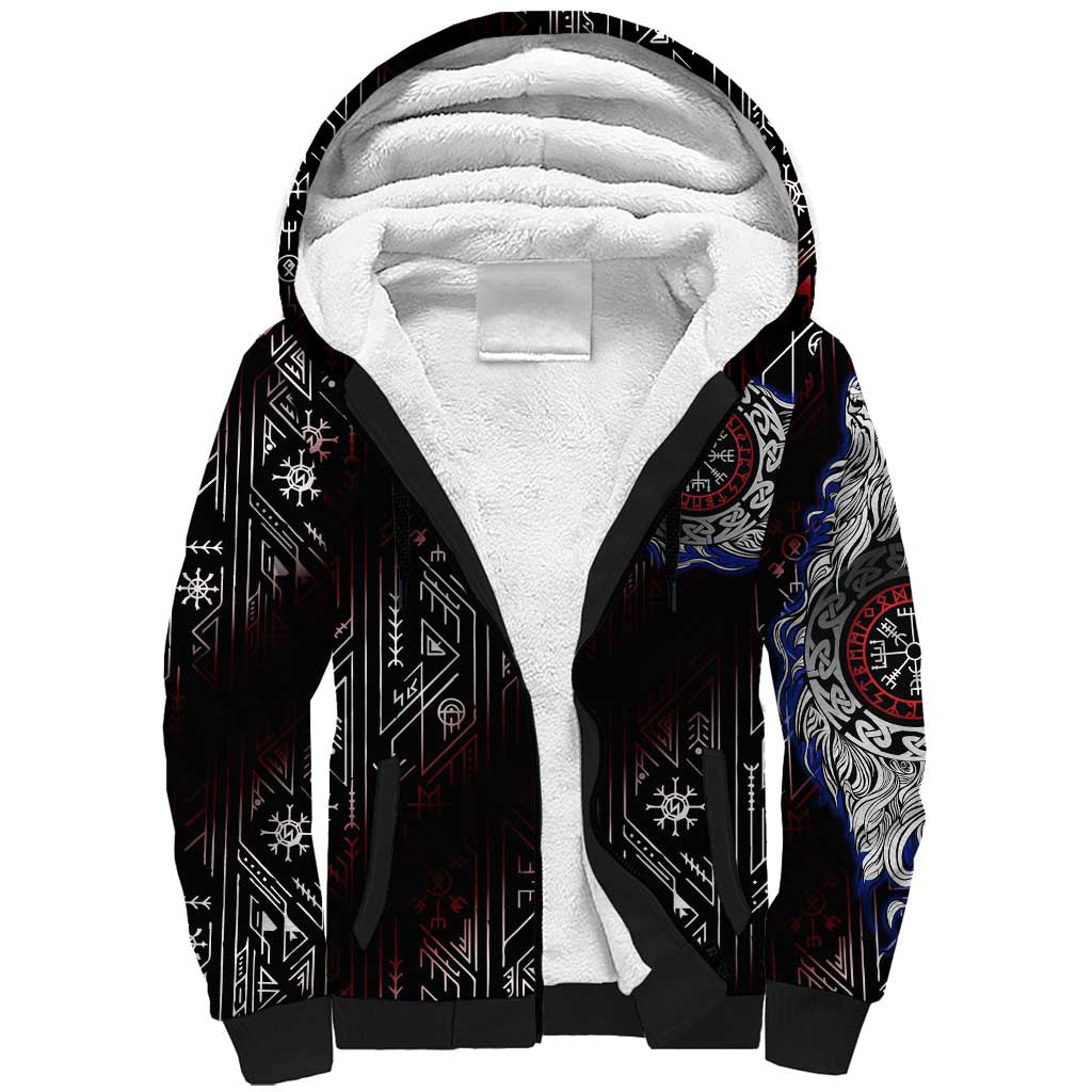 Fenrir Wolf Viking Sherpa Hoodie with Vegvisir Runes and Red Circle Norse Legend Tribute - Wonder Print Shop
