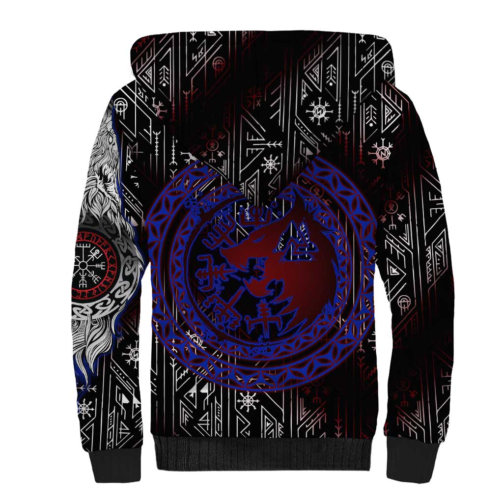 Fenrir Wolf Viking Sherpa Hoodie with Vegvisir Runes and Red Circle Norse Legend Tribute - Wonder Print Shop
