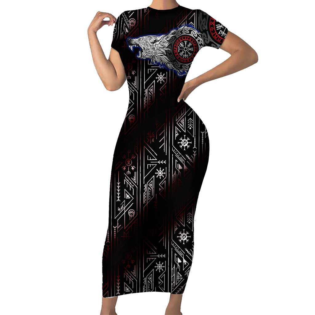 Fenrir Wolf Viking Short Sleeve Bodycon Dress with Vegvisir Runes and Red Circle Norse Legend Tribute - Wonder Print Shop