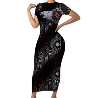 Fenrir Wolf Viking Short Sleeve Bodycon Dress with Vegvisir Runes and Red Circle Norse Legend Tribute - Wonder Print Shop