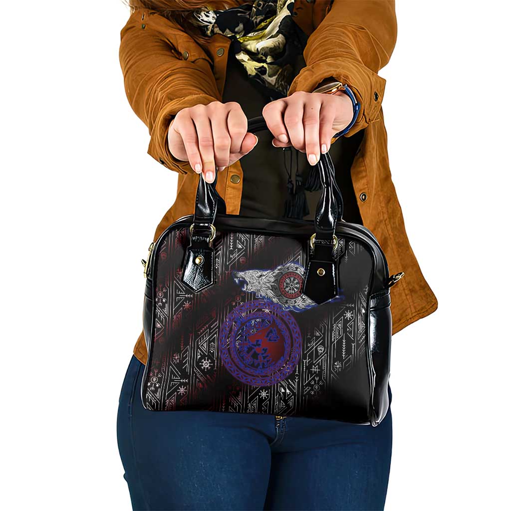 Fenrir Wolf Viking Shoulder Handbag with Vegvisir Runes and Red Circle Norse Legend Tribute - Wonder Print Shop
