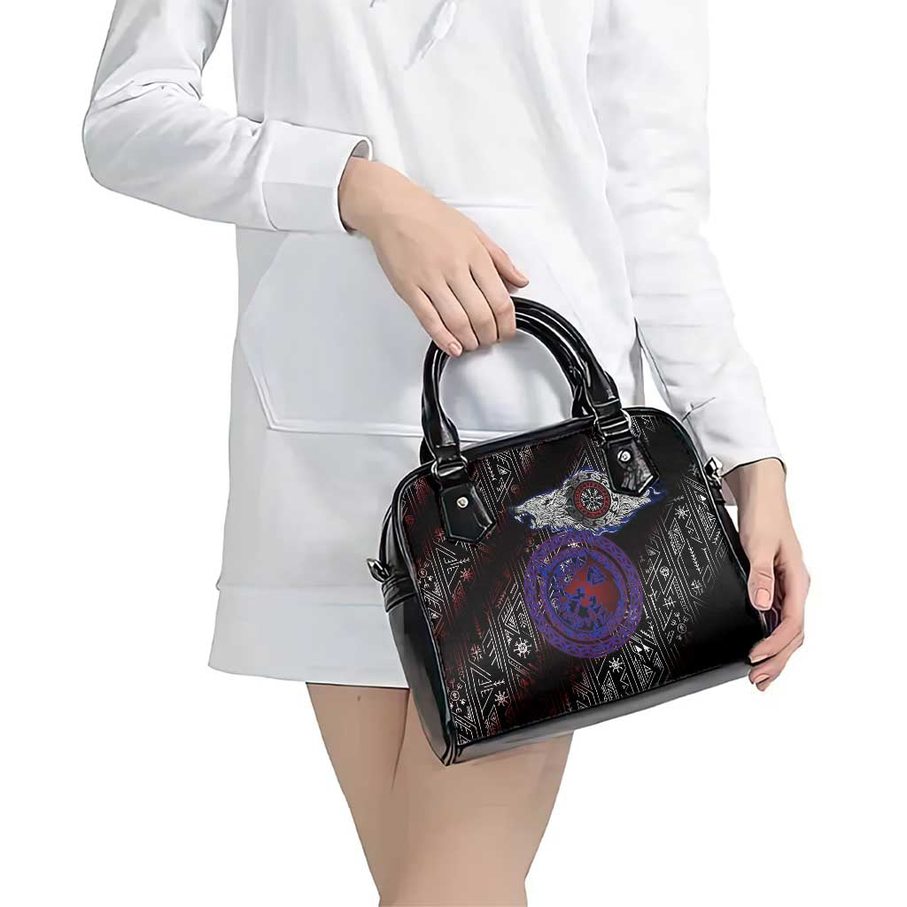 Fenrir Wolf Viking Shoulder Handbag with Vegvisir Runes and Red Circle Norse Legend Tribute - Wonder Print Shop