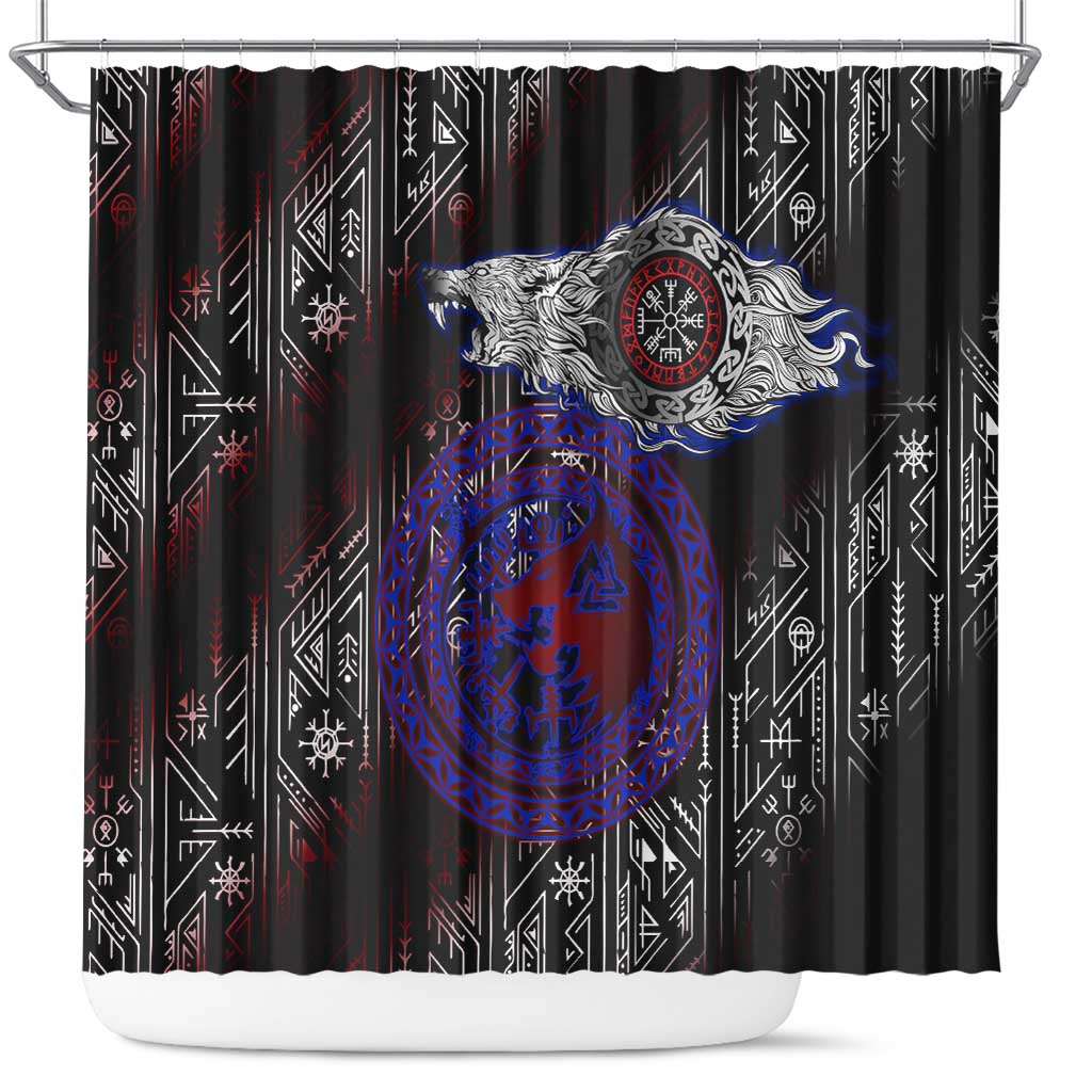 Fenrir Wolf Viking Shower Curtain with Vegvisir Runes and Red Circle Norse Legend Tribute - Wonder Print Shop