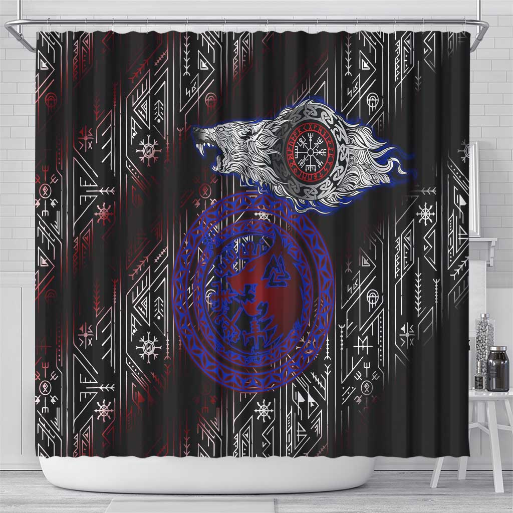 Fenrir Wolf Viking Shower Curtain with Vegvisir Runes and Red Circle Norse Legend Tribute - Wonder Print Shop