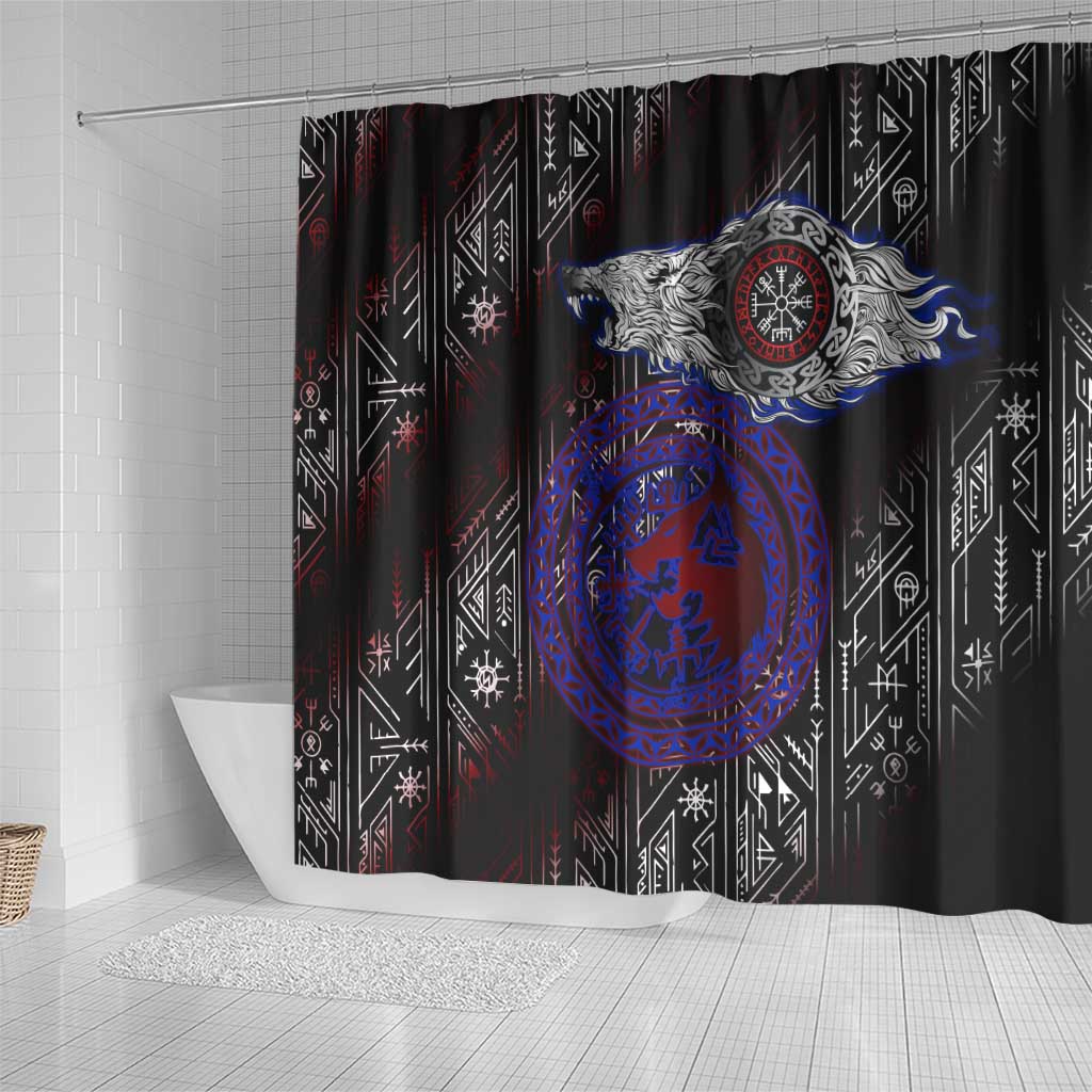 Fenrir Wolf Viking Shower Curtain with Vegvisir Runes and Red Circle Norse Legend Tribute - Wonder Print Shop