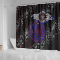 Fenrir Wolf Viking Shower Curtain with Vegvisir Runes and Red Circle Norse Legend Tribute - Wonder Print Shop