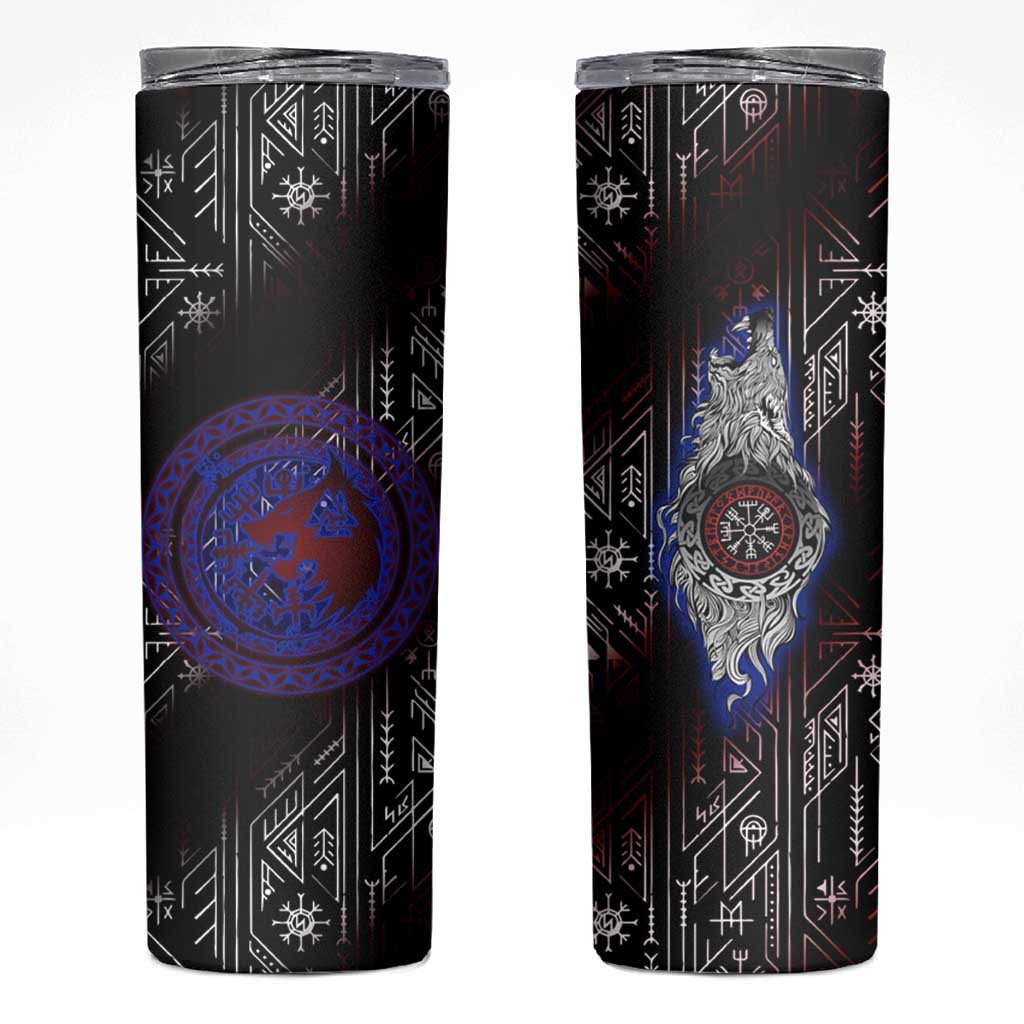 Fenrir Wolf Viking Skinny Tumbler with Vegvisir Runes and Red Circle Norse Legend Tribute - Wonder Print Shop