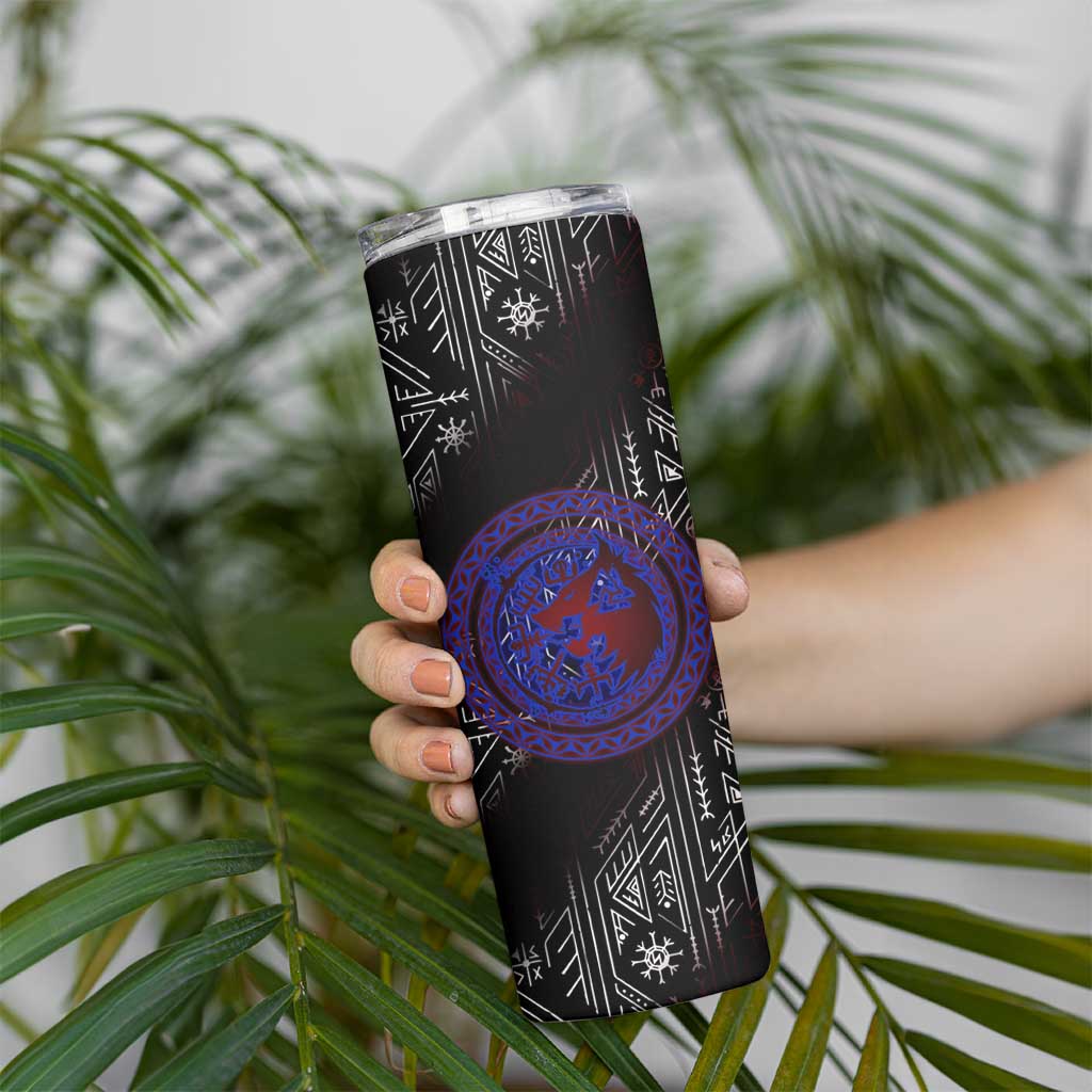 Fenrir Wolf Viking Skinny Tumbler with Vegvisir Runes and Red Circle Norse Legend Tribute - Wonder Print Shop