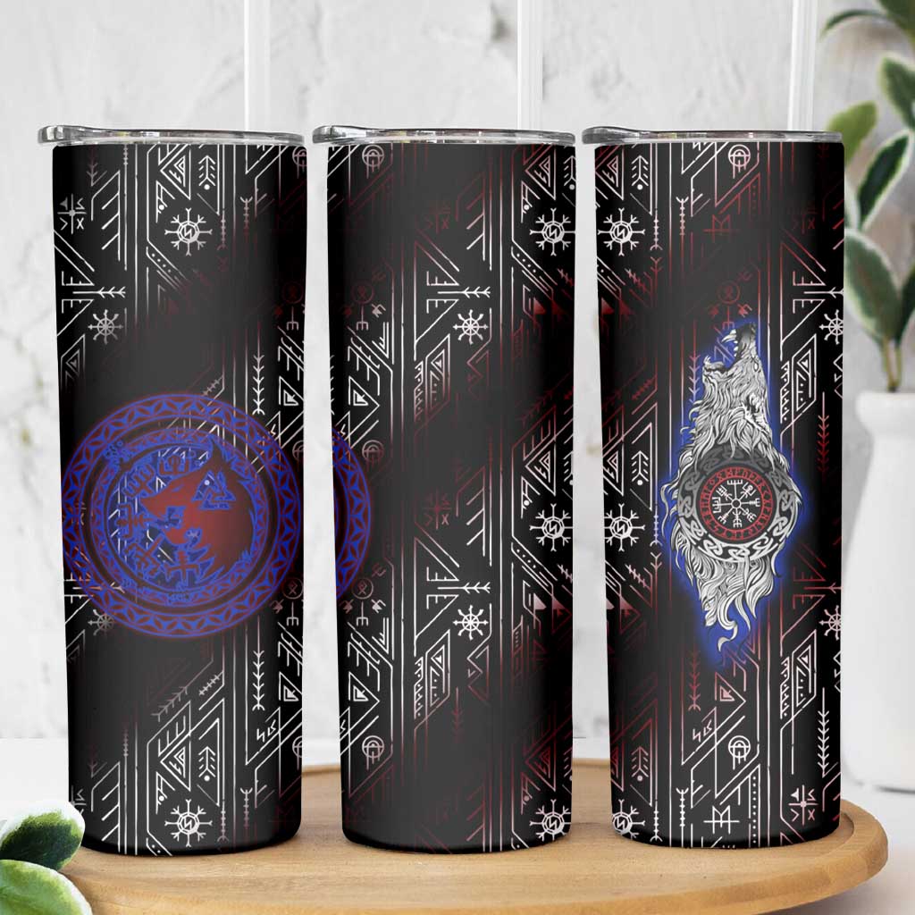 Fenrir Wolf Viking Skinny Tumbler with Vegvisir Runes and Red Circle Norse Legend Tribute - Wonder Print Shop