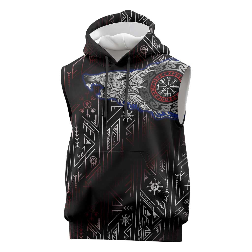 Fenrir Wolf Viking Sleeveless Hoodie with Vegvisir Runes and Red Circle Norse Legend Tribute - Wonder Print Shop