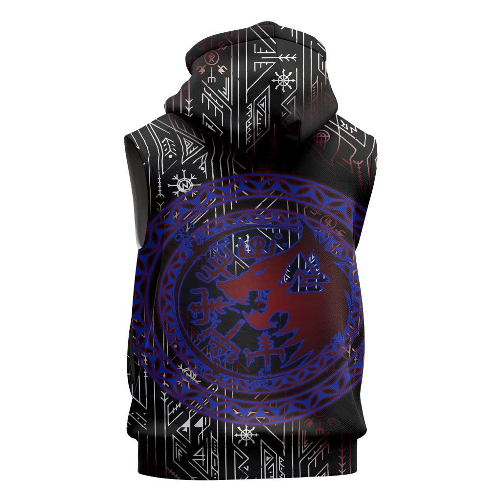 Fenrir Wolf Viking Sleeveless Hoodie with Vegvisir Runes and Red Circle Norse Legend Tribute - Wonder Print Shop