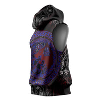 Fenrir Wolf Viking Sleeveless Hoodie with Vegvisir Runes and Red Circle Norse Legend Tribute - Wonder Print Shop