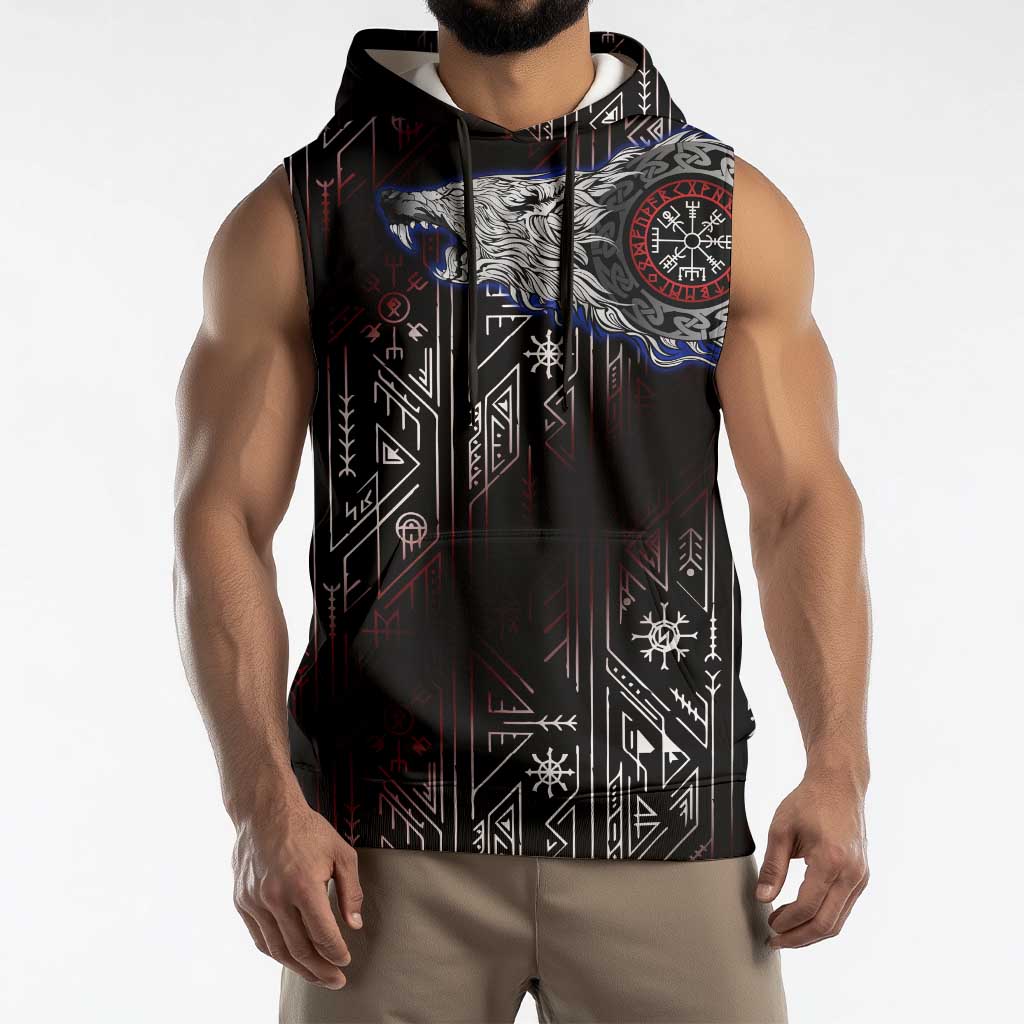 Fenrir Wolf Viking Sleeveless Hoodie with Vegvisir Runes and Red Circle Norse Legend Tribute - Wonder Print Shop