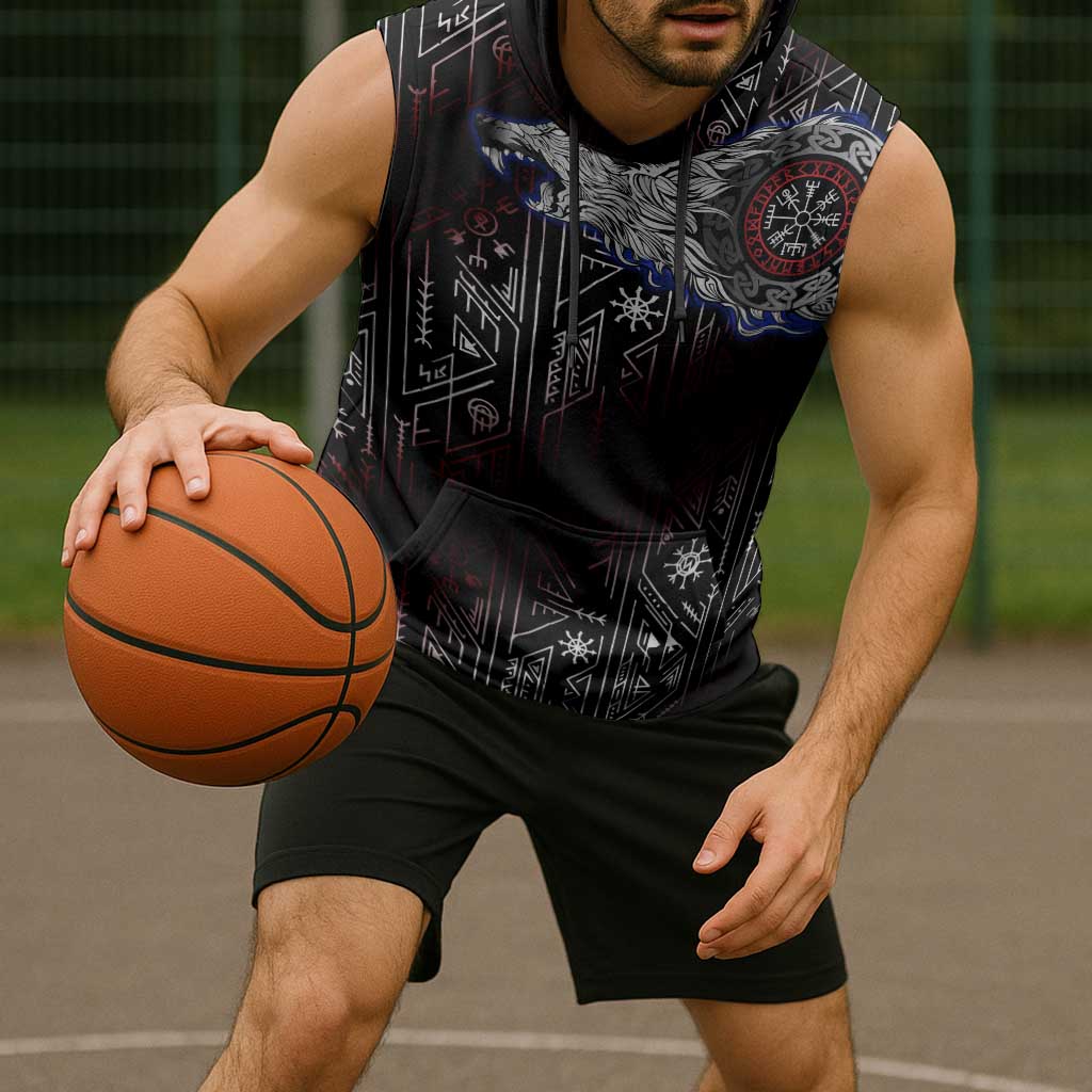 Fenrir Wolf Viking Sleeveless Hoodie with Vegvisir Runes and Red Circle Norse Legend Tribute - Wonder Print Shop