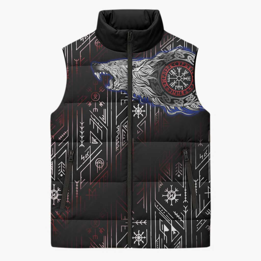Fenrir Wolf Viking Sleeveless Puffer Jacket with Vegvisir Runes and Red Circle Norse Legend Tribute - Wonder Print Shop