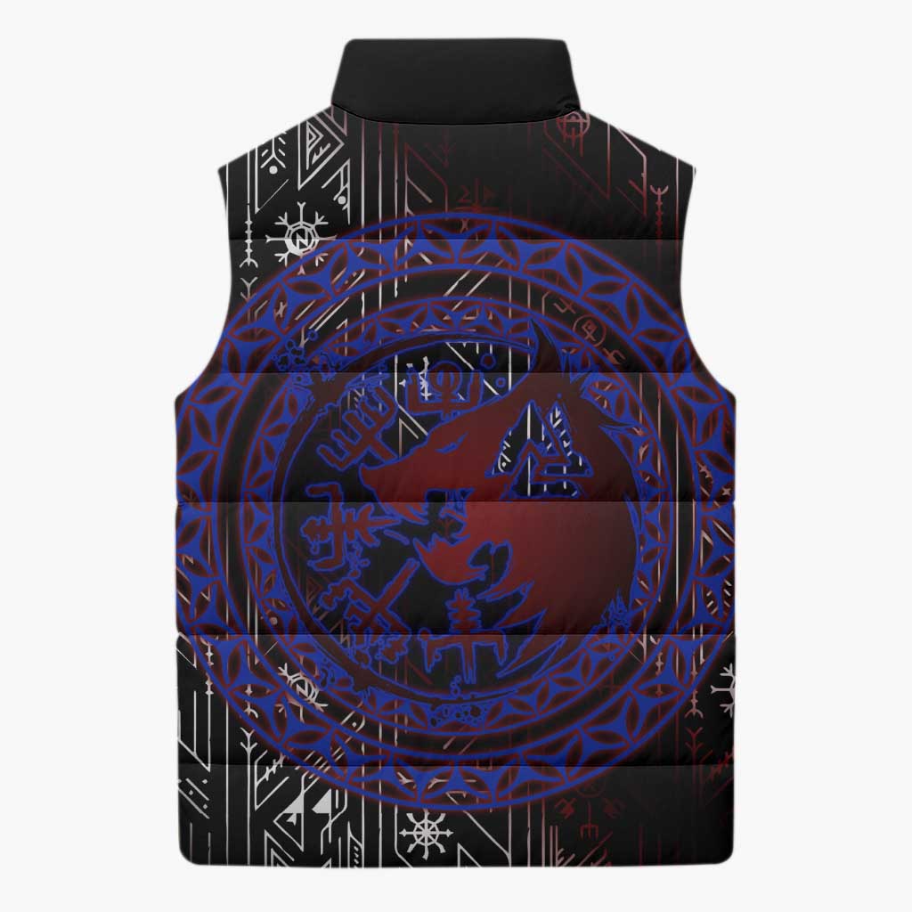 Fenrir Wolf Viking Sleeveless Puffer Jacket with Vegvisir Runes and Red Circle Norse Legend Tribute - Wonder Print Shop