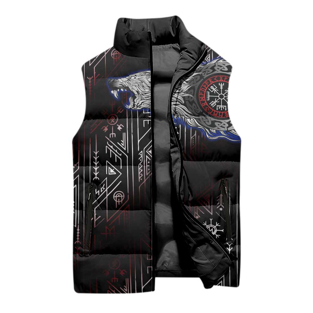 Fenrir Wolf Viking Sleeveless Puffer Jacket with Vegvisir Runes and Red Circle Norse Legend Tribute - Wonder Print Shop