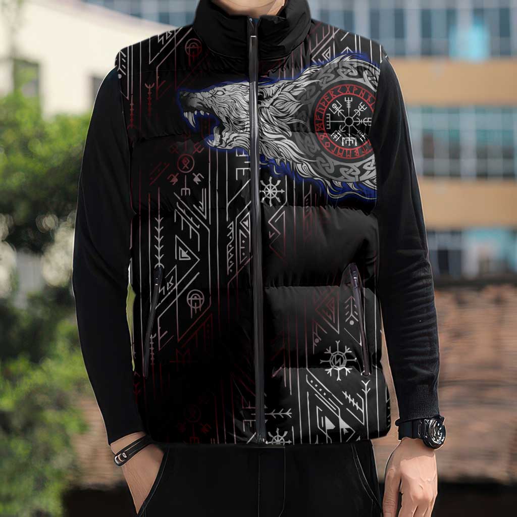 Fenrir Wolf Viking Sleeveless Puffer Jacket with Vegvisir Runes and Red Circle Norse Legend Tribute - Wonder Print Shop