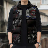 Fenrir Wolf Viking Sleeveless Puffer Jacket with Vegvisir Runes and Red Circle Norse Legend Tribute - Wonder Print Shop