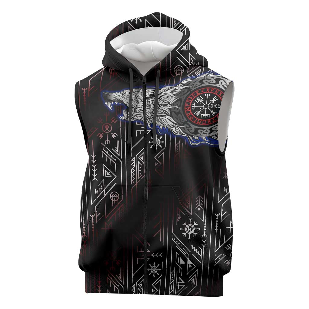 Fenrir Wolf Viking Sleeveless Zip Hoodie with Vegvisir Runes and Red Circle Norse Legend Tribute - Wonder Print Shop