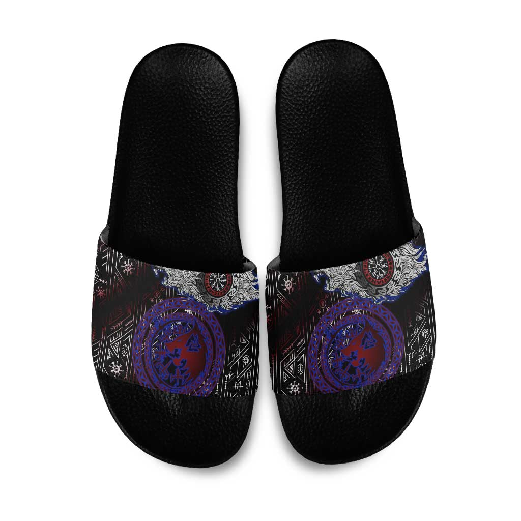 Fenrir Wolf Viking Slide Sandals with Vegvisir Runes and Red Circle Norse Legend Tribute - Wonder Print Shop