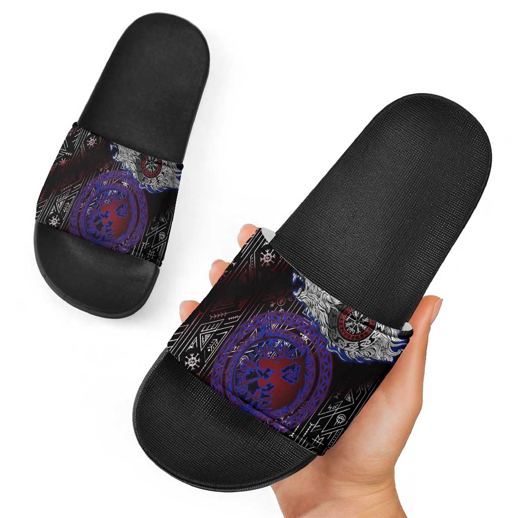 Fenrir Wolf Viking Slide Sandals with Vegvisir Runes and Red Circle Norse Legend Tribute - Wonder Print Shop