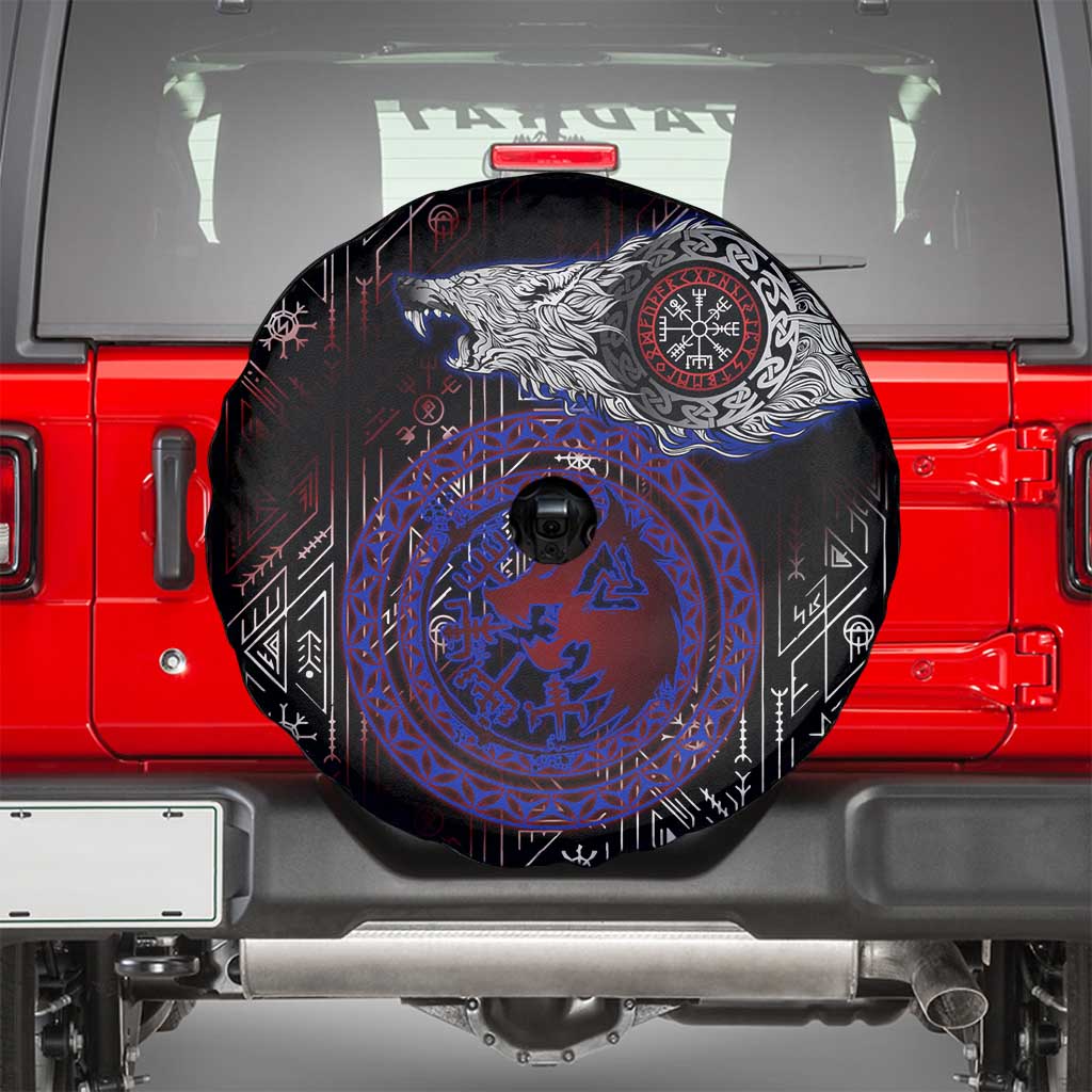 Fenrir Wolf Viking Spare Tire Cover with Vegvisir Runes and Red Circle Norse Legend Tribute - Wonder Print Shop