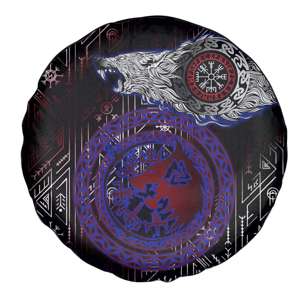 Fenrir Wolf Viking Spare Tire Cover with Vegvisir Runes and Red Circle Norse Legend Tribute - Wonder Print Shop