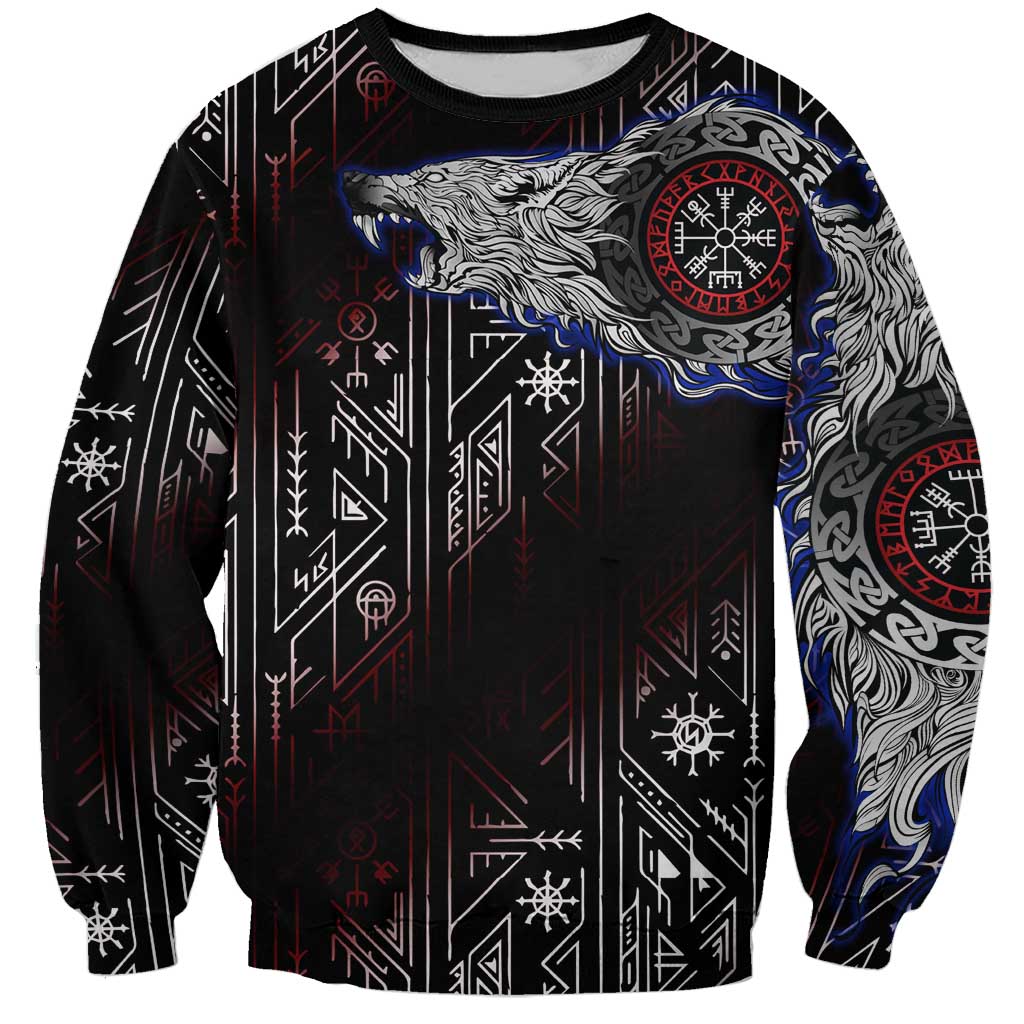 Fenrir Wolf Viking Sweatshirt with Vegvisir Runes and Red Circle Norse Legend Tribute - Wonder Print Shop