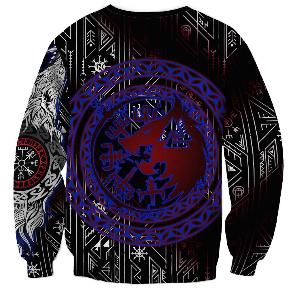 Fenrir Wolf Viking Sweatshirt with Vegvisir Runes and Red Circle Norse Legend Tribute - Wonder Print Shop