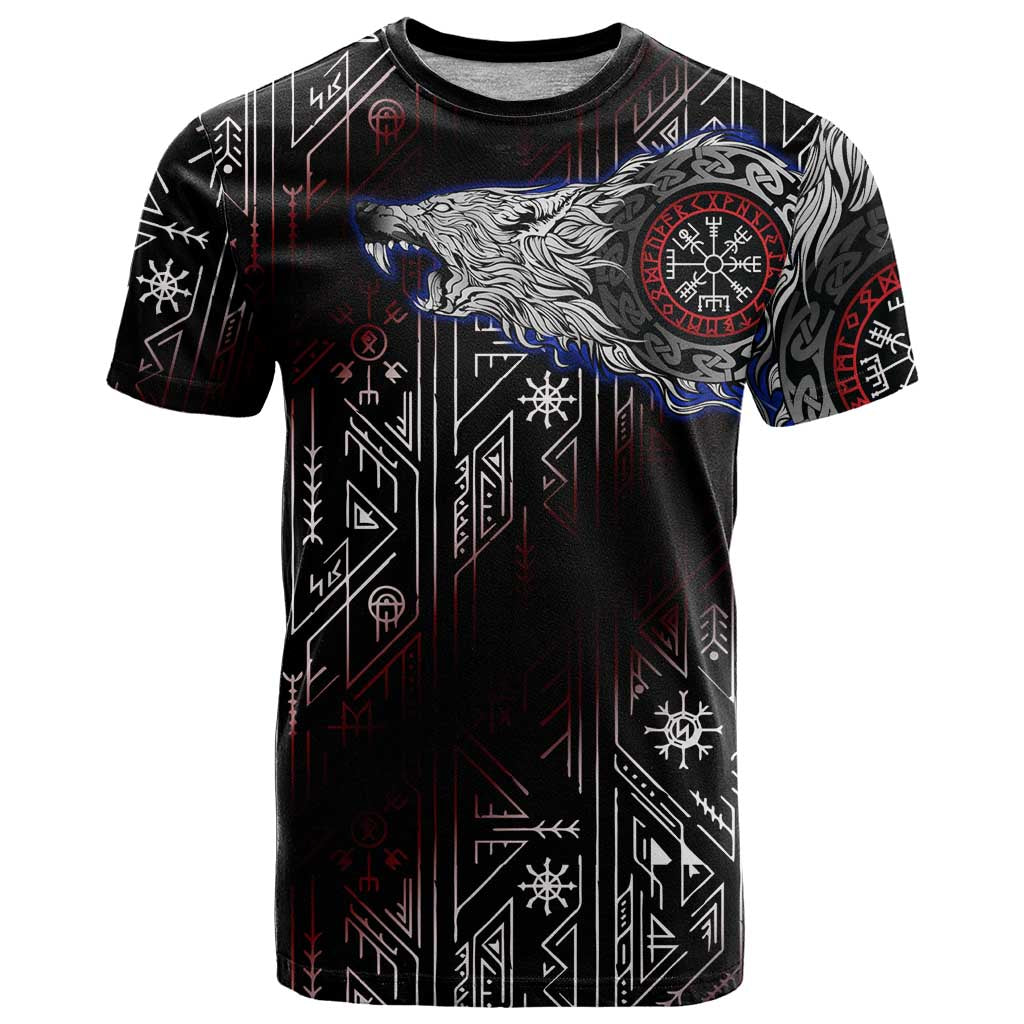 Fenrir Wolf Viking T Shirt with Vegvisir Runes and Red Circle Norse Legend Tribute - Wonder Print Shop