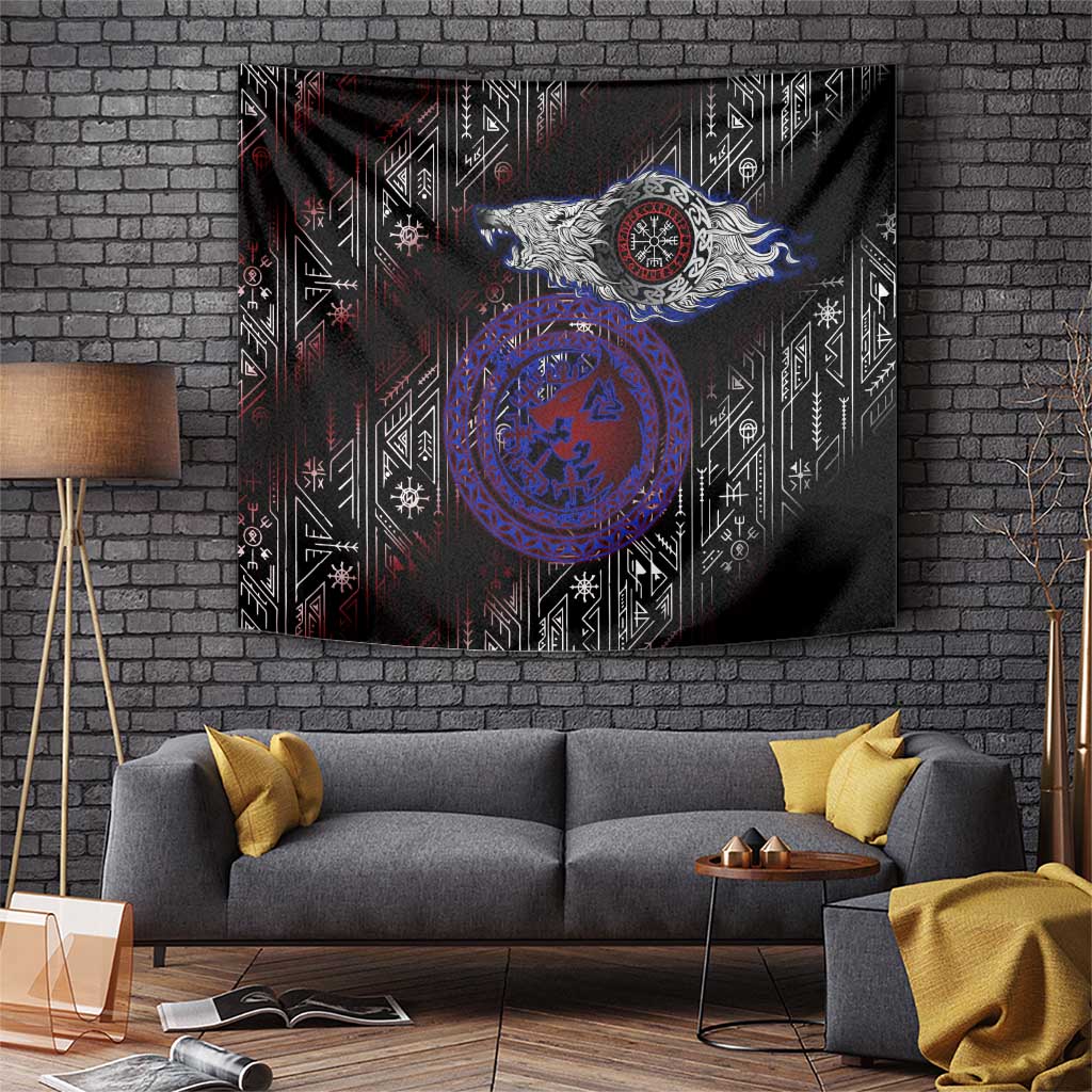 Fenrir Wolf Viking Tapestry with Vegvisir Runes and Red Circle Norse Legend Tribute - Wonder Print Shop