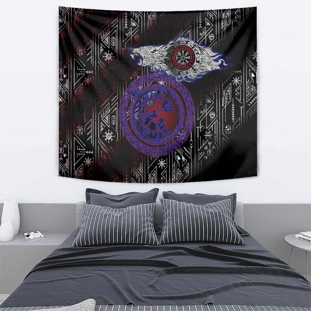 Fenrir Wolf Viking Tapestry with Vegvisir Runes and Red Circle Norse Legend Tribute - Wonder Print Shop