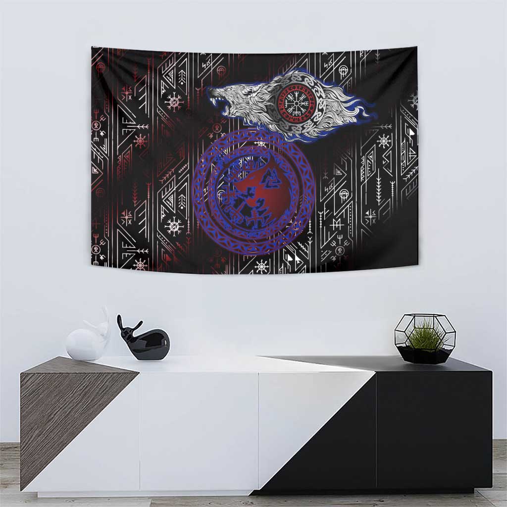 Fenrir Wolf Viking Tapestry with Vegvisir Runes and Red Circle Norse Legend Tribute - Wonder Print Shop