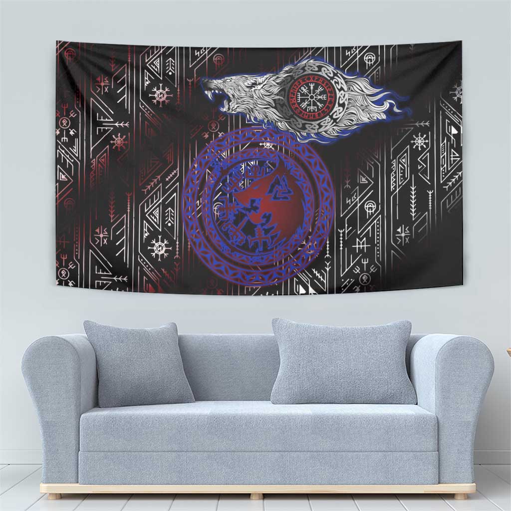 Fenrir Wolf Viking Tapestry with Vegvisir Runes and Red Circle Norse Legend Tribute - Wonder Print Shop