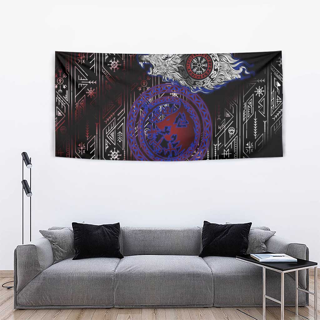 Fenrir Wolf Viking Tapestry with Vegvisir Runes and Red Circle Norse Legend Tribute - Wonder Print Shop