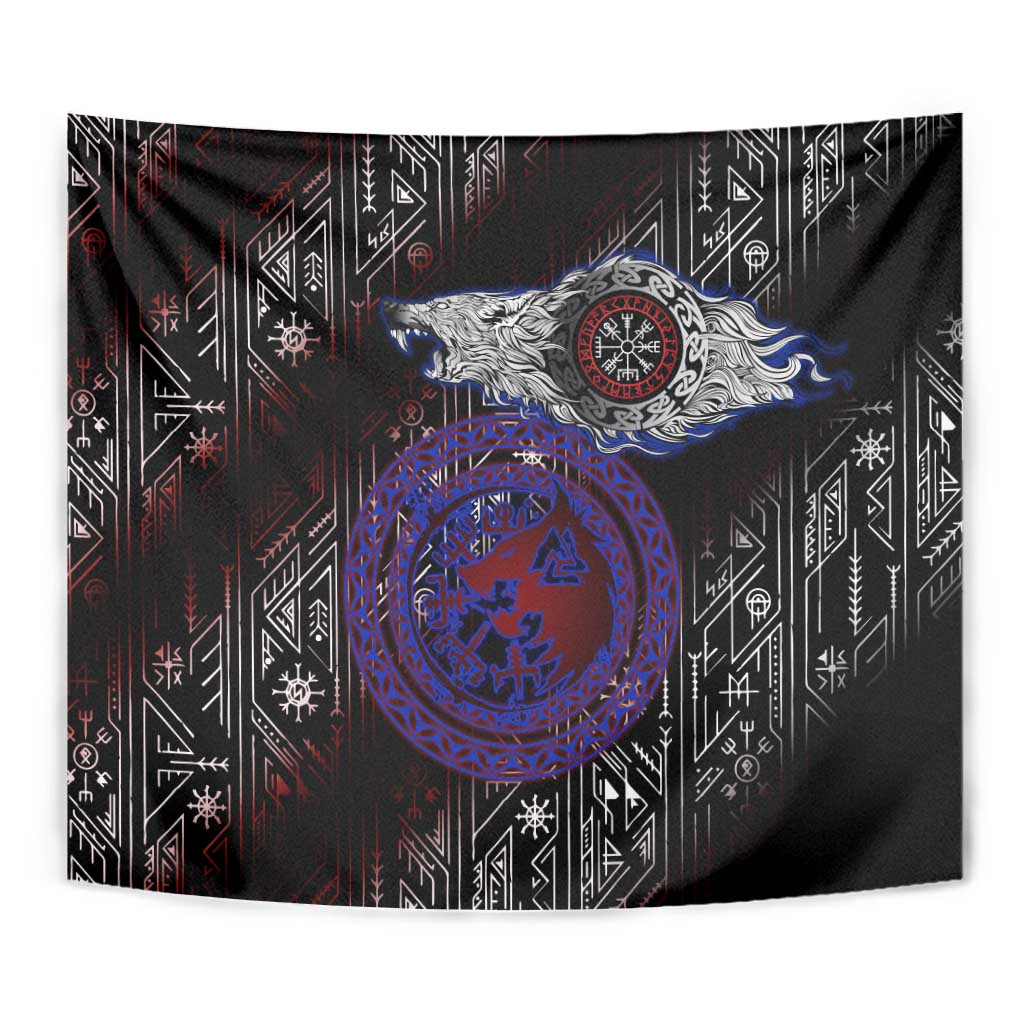 Fenrir Wolf Viking Tapestry with Vegvisir Runes and Red Circle Norse Legend Tribute - Wonder Print Shop