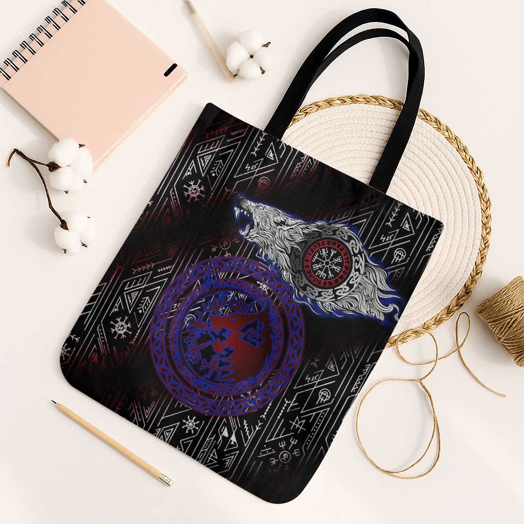 Fenrir Wolf Viking Tote Bag with Vegvisir Runes and Red Circle Norse Legend Tribute - Wonder Print Shop
