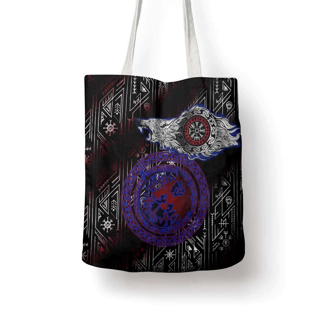 Fenrir Wolf Viking Tote Bag with Vegvisir Runes and Red Circle Norse Legend Tribute - Wonder Print Shop