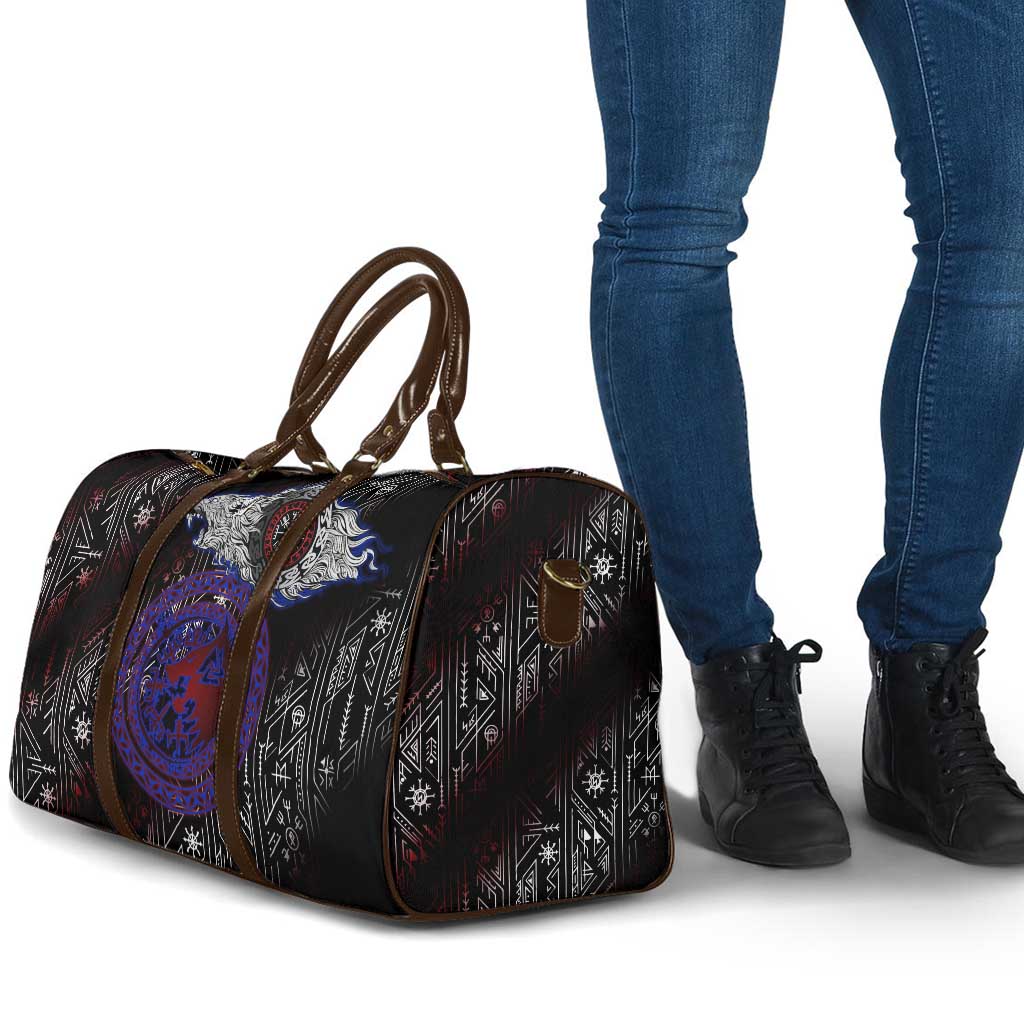 Fenrir Wolf Viking Travel Bag with Vegvisir Runes and Red Circle Norse Legend Tribute - Wonder Print Shop