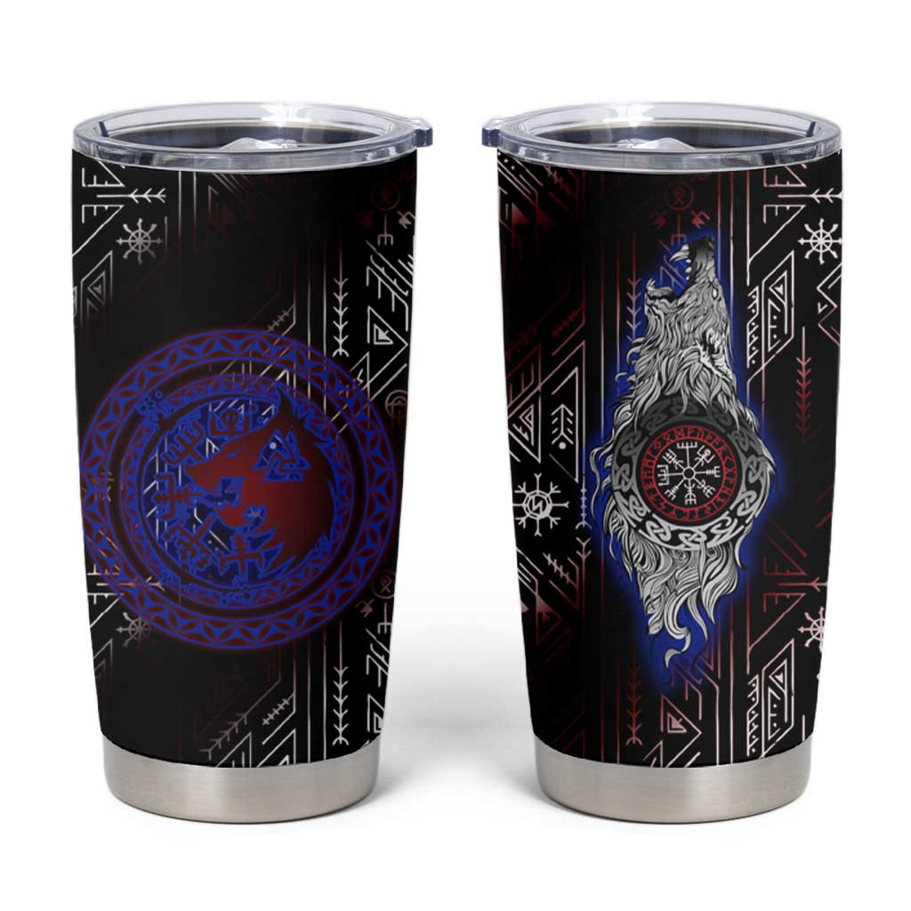 Fenrir Wolf Viking Tumbler Cup with Vegvisir Runes and Red Circle Norse Legend Tribute - Wonder Print Shop