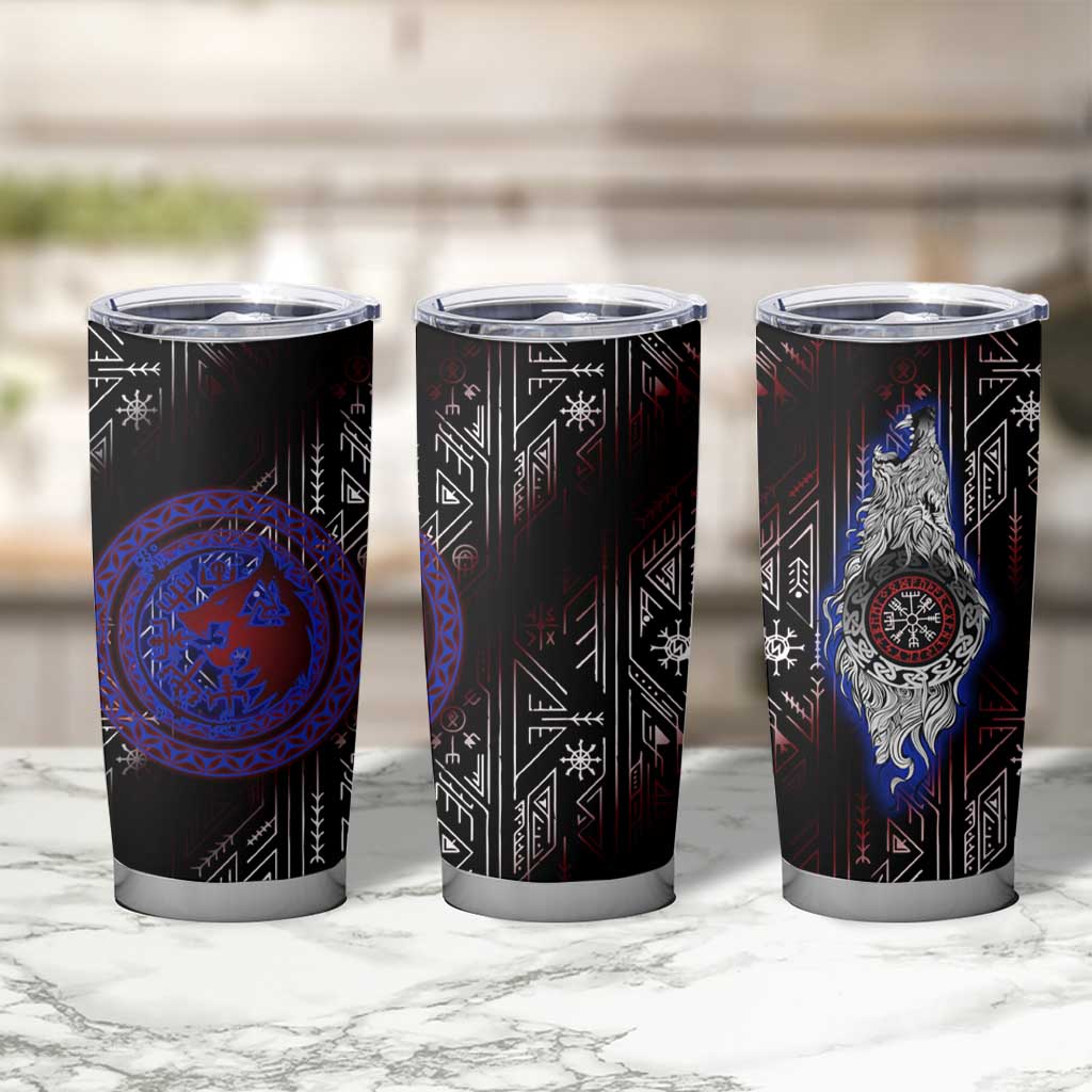 Fenrir Wolf Viking Tumbler Cup with Vegvisir Runes and Red Circle Norse Legend Tribute - Wonder Print Shop