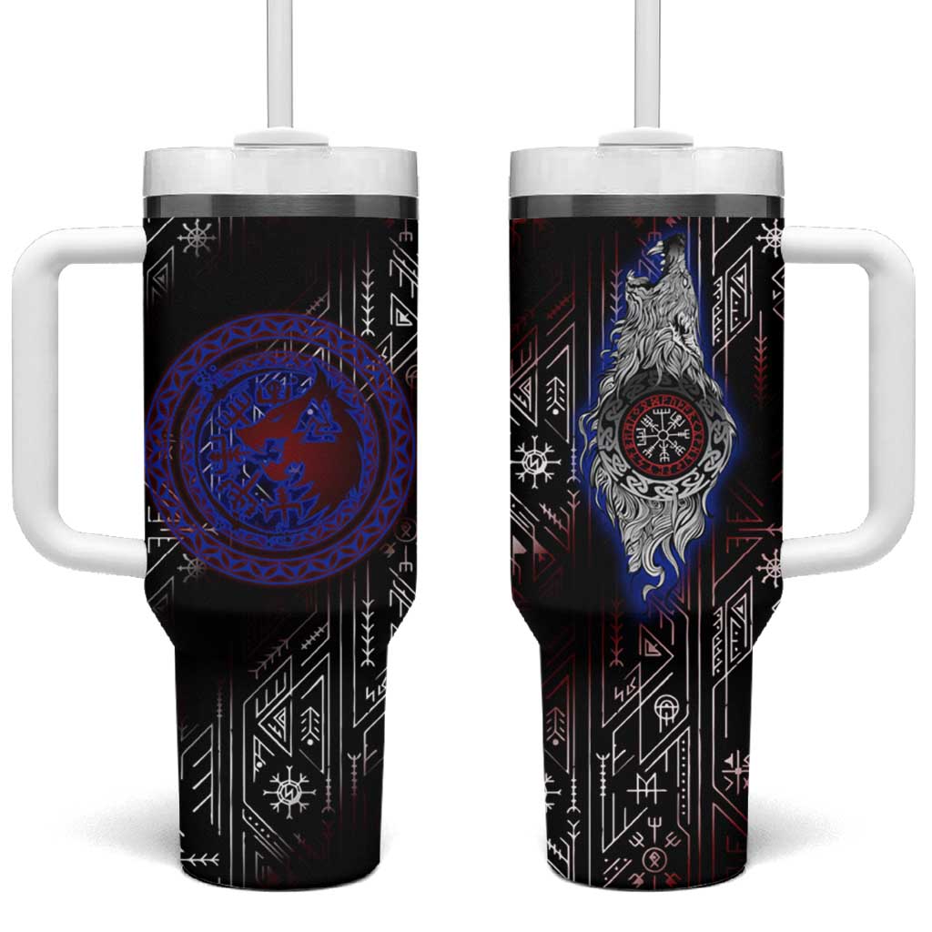 Fenrir Wolf Viking Tumbler With Handle with Vegvisir Runes and Red Circle Norse Legend Tribute - Wonder Print Shop