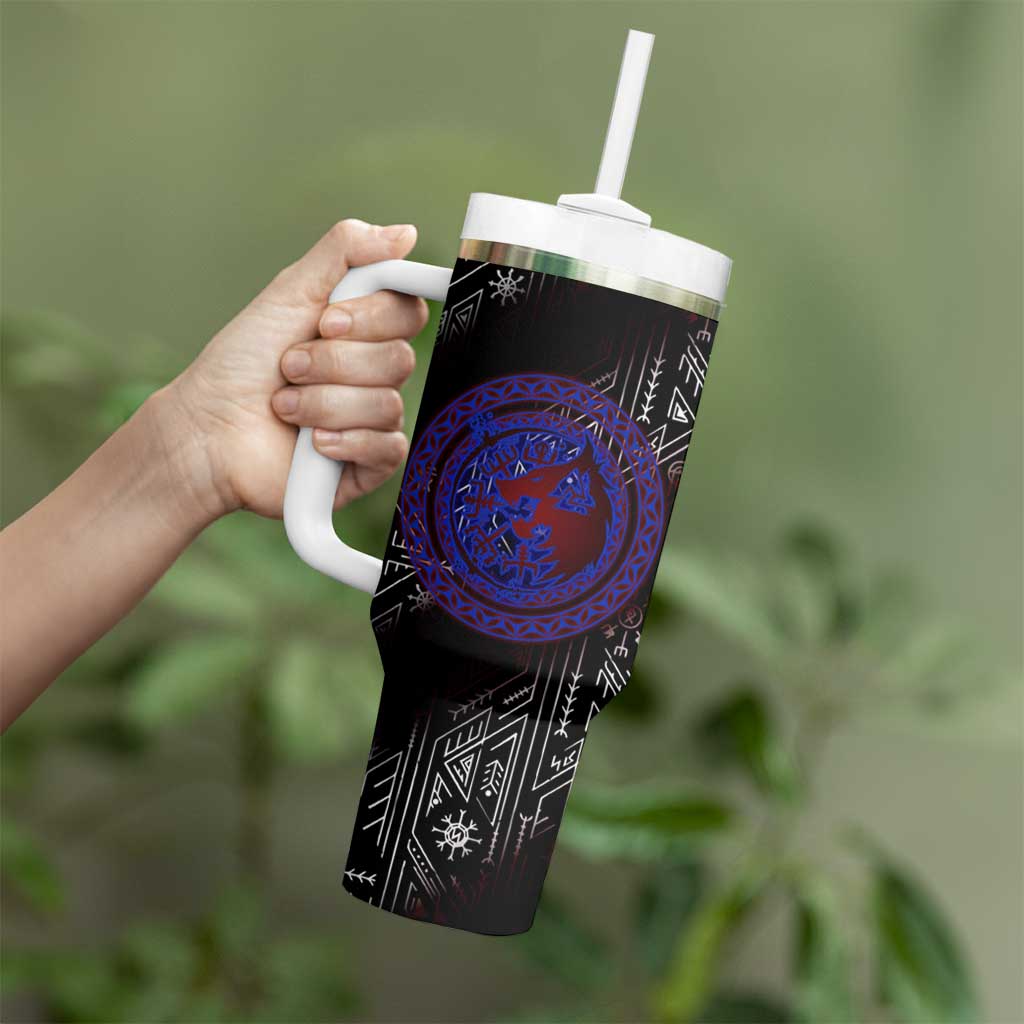 Fenrir Wolf Viking Tumbler With Handle with Vegvisir Runes and Red Circle Norse Legend Tribute - Wonder Print Shop